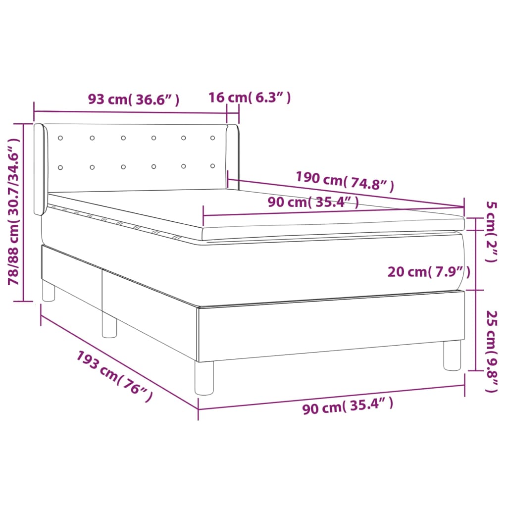 vidaXL Κρεβάτι Boxspring με Στρώμα Σκούρο Καφέ 90x190 εκ. Υφασμάτινο