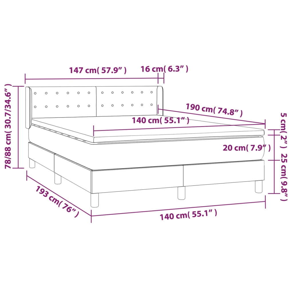vidaXL Κρεβάτι Boxspring με Στρώμα Κρεμ 140x190 εκ. Υφασμάτινο