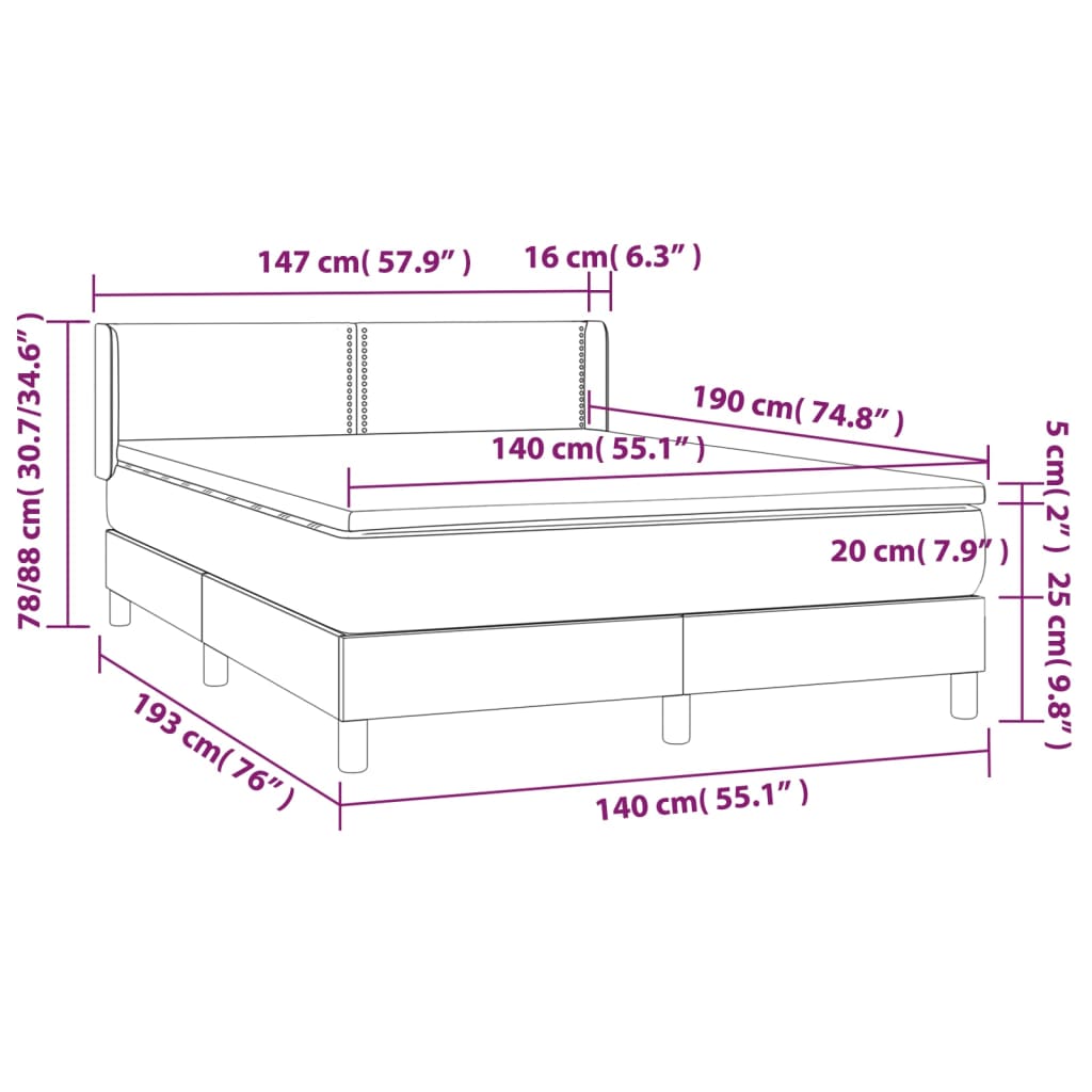 vidaXL Κρεβάτι Boxspring με Στρώμα Μαύρο 140x190 εκ. Βελούδινο