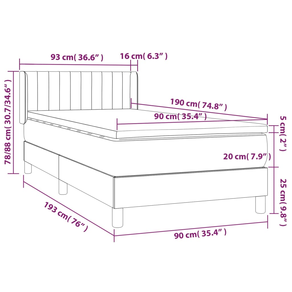 vidaXL Κρεβάτι Boxspring με Στρώμα Μαύρο 90x190 εκ. Βελούδινο