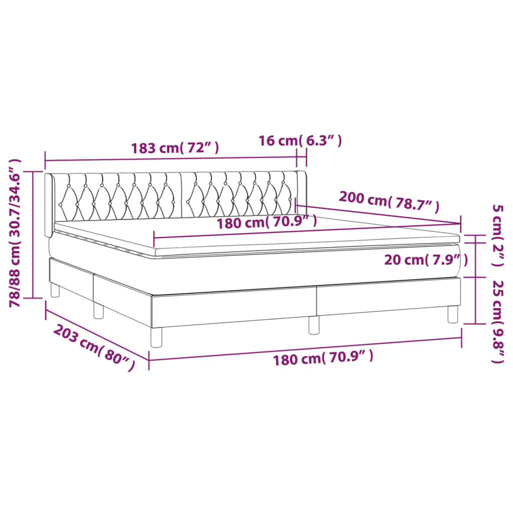 vidaXL Κρεβάτι Boxspring με Στρώμα Σκούρο Γκρι 180x200 εκ. Βελούδινο