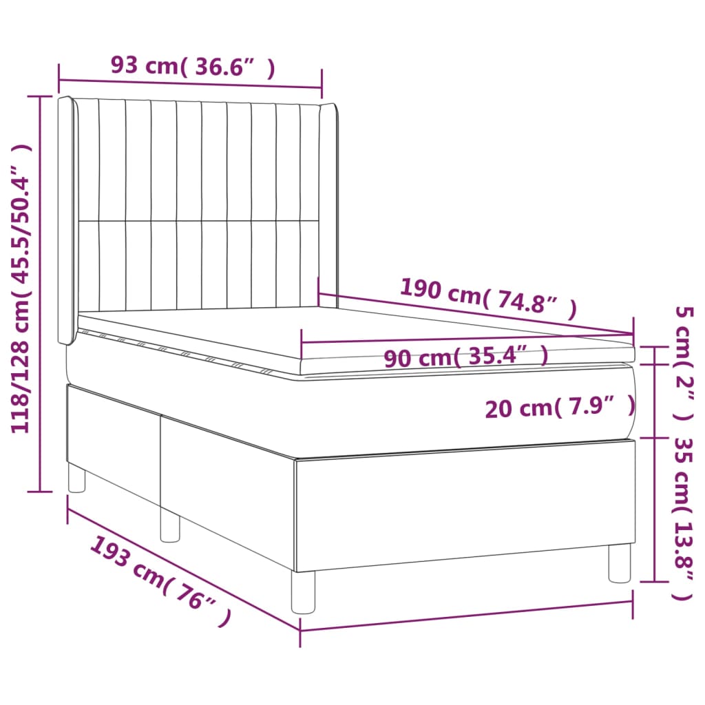 vidaXL Κρεβάτι Boxspring με Στρώμα Μαύρο 90x190 εκ.Υφασμάτινο