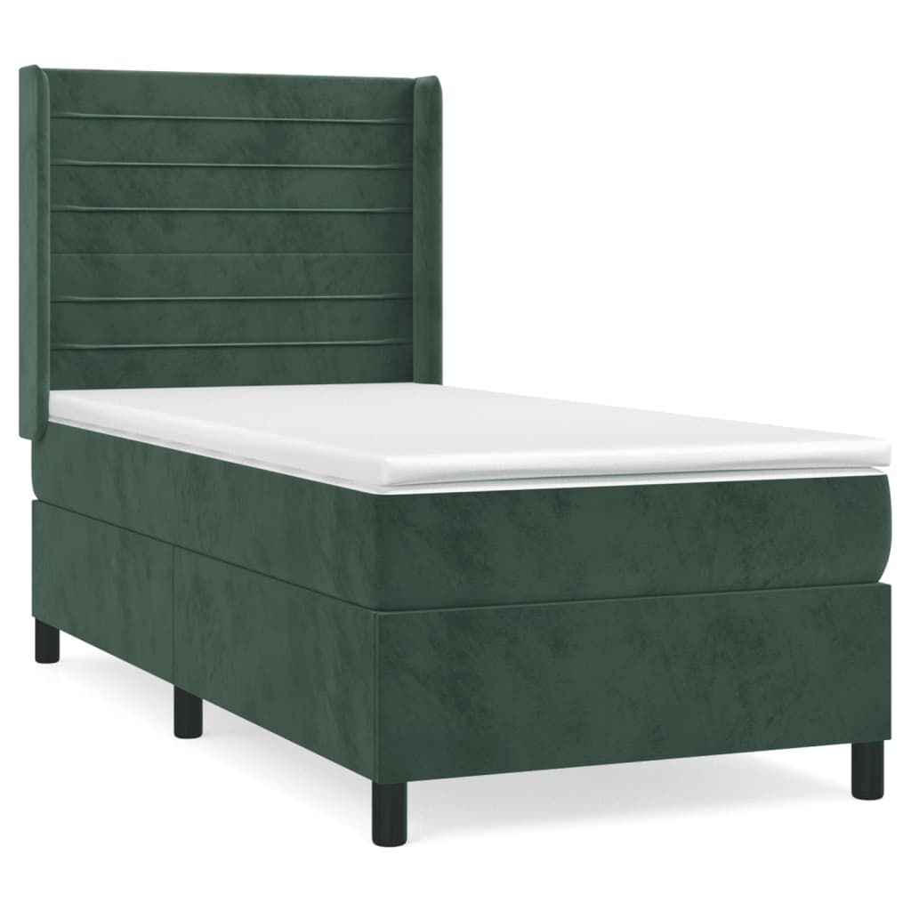 vidaXL Κρεβάτι Boxspring με Στρώμα Σκούρο Πράσινο 90x200 εκ. Βελούδινο
