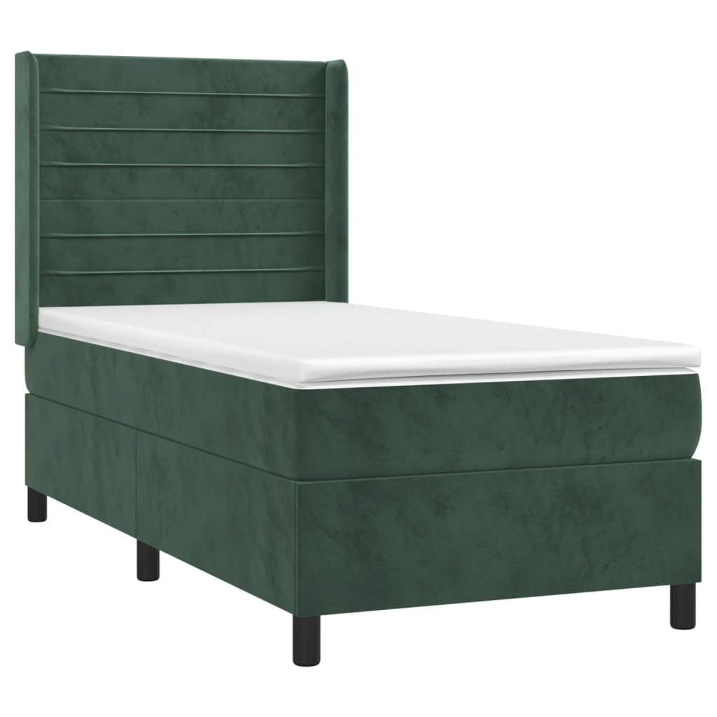 vidaXL Κρεβάτι Boxspring με Στρώμα Σκούρο Πράσινο 90x200 εκ. Βελούδινο
