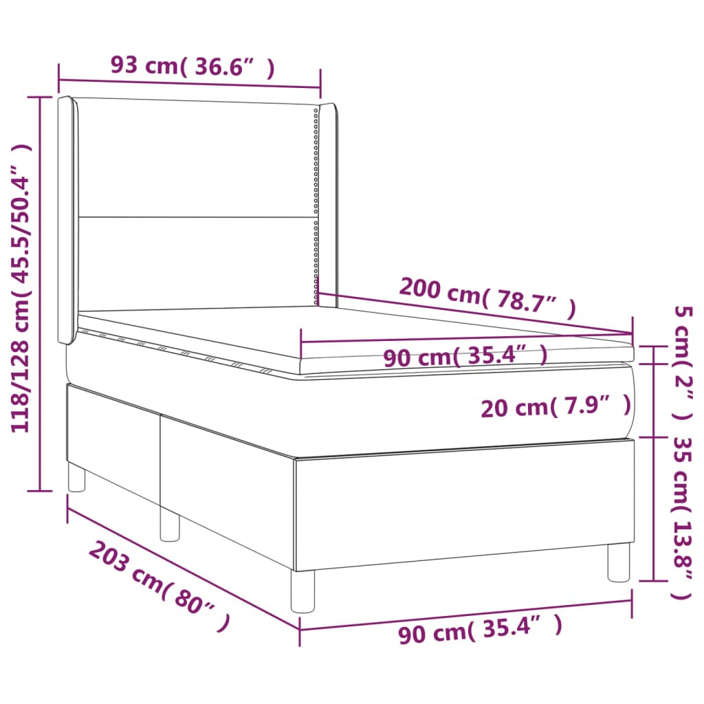 vidaXL Κρεβάτι Boxspring με Στρώμα & LED Taupe 90x200 εκ. Υφασμάτινο
