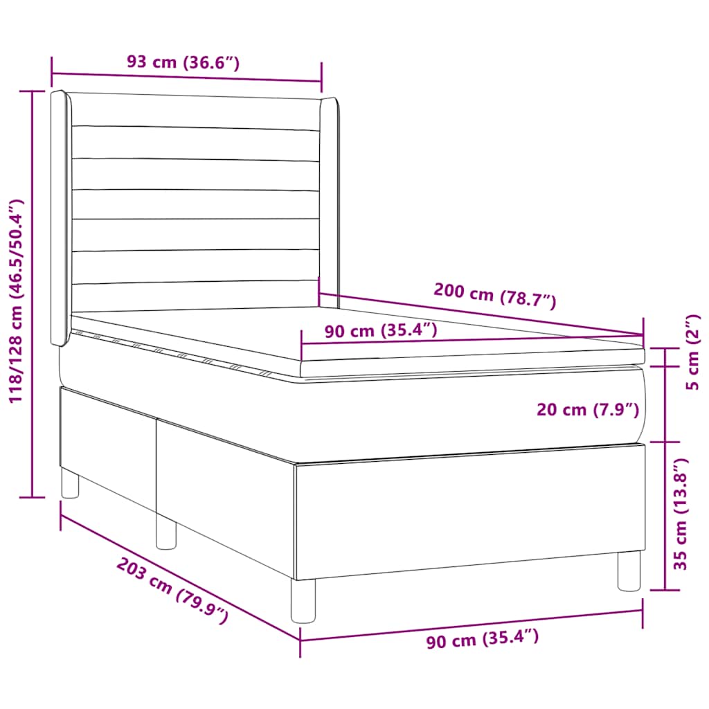 vidaXL Κρεβάτι Boxspring με Στρώμα & LED Σκ.Καφέ 90x200 εκ. Υφασμάτινο