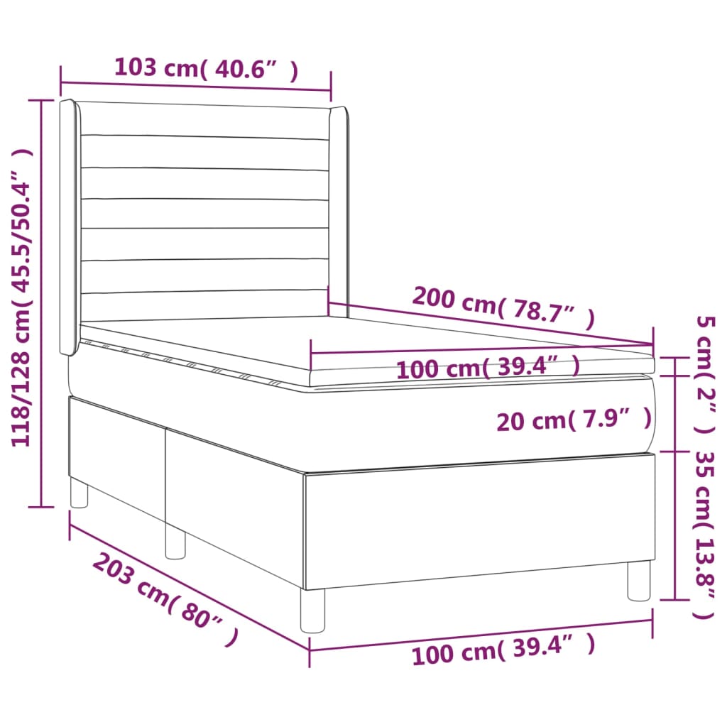 vidaXL Κρεβάτι Boxspring με Στρώμα & LED Σκ.Καφέ 100x200 εκ Υφασμάτινο
