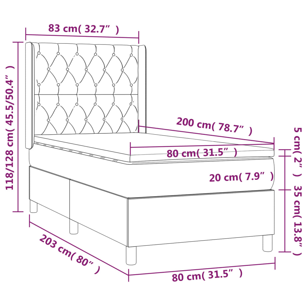 vidaXL Κρεβάτι Boxspring με Στρώμα & LED Σκ.Καφέ 80x200 εκ. Υφασμάτινο