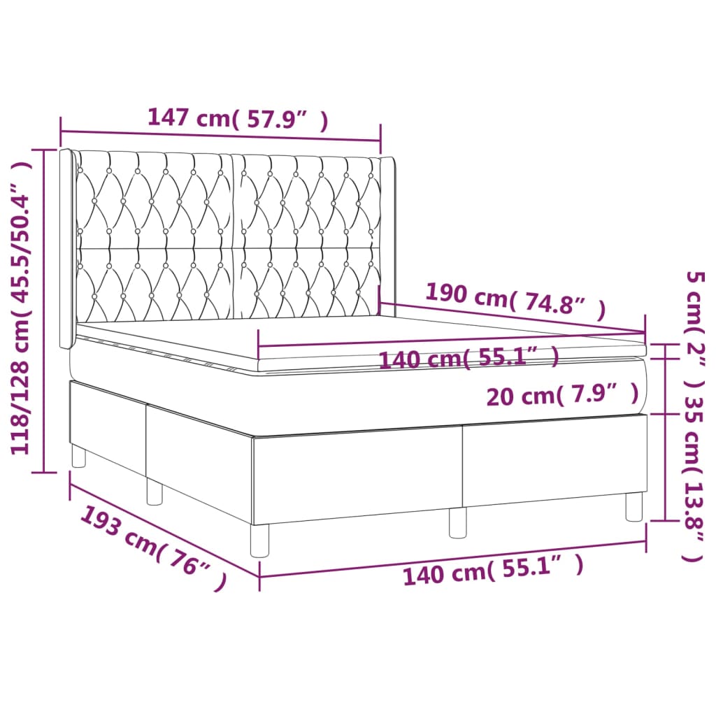 vidaXL Κρεβάτι Boxspring με Στρώμα & LED Κρεμ 140x190 εκ. Υφασμάτινο