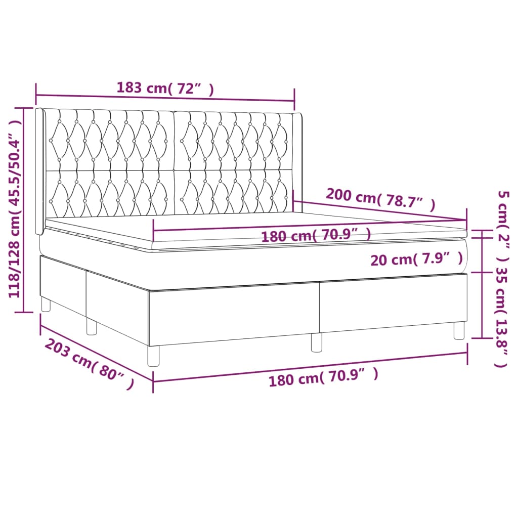 vidaXL Κρεβάτι Boxspring με Στρώμα & LED Σκ.Καφέ 180x200εκ. Υφασμάτινο