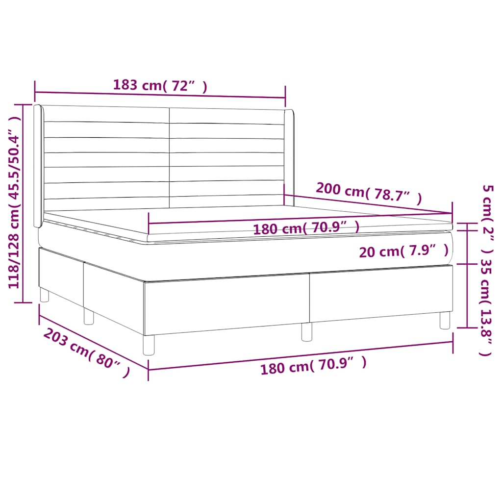 vidaXL Κρεβάτι Boxspring με Στρώμα & LED Σκ. Πράσινο 180x200εκ Βελούδο