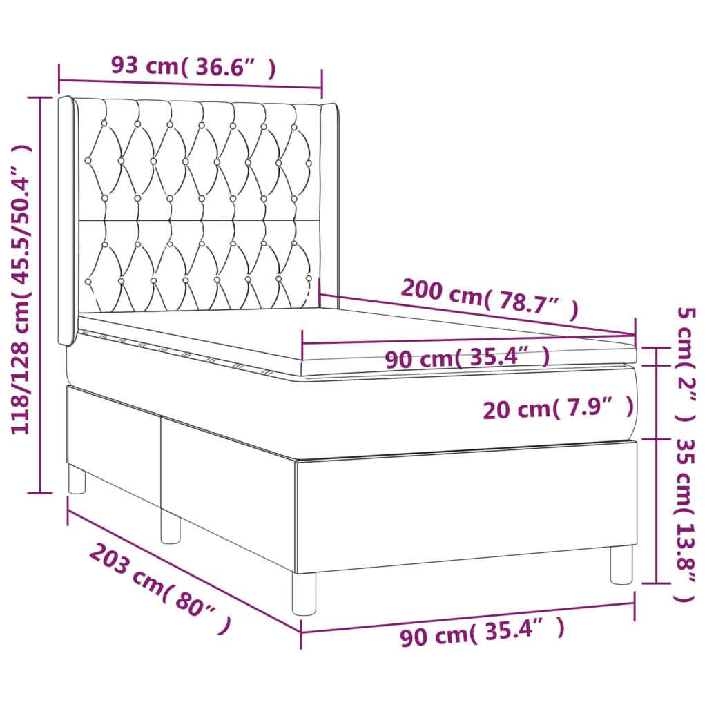 vidaXL Κρεβάτι Boxspring με Στρώμα & LED Μαύρο 90x200 εκ. Βελούδινο