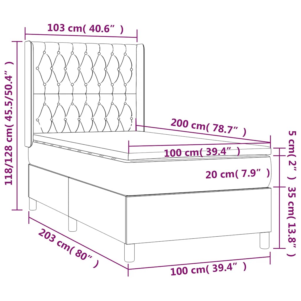 vidaXL Κρεβάτι Boxspring με Στρώμα & LED Σκ. Πράσινο 100x200εκ Βελούδο