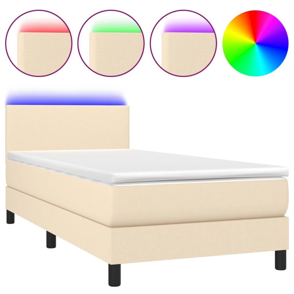 vidaXL Κρεβάτι Boxspring με Στρώμα & LED Κρεμ 90x200 εκ. Υφασμάτινο