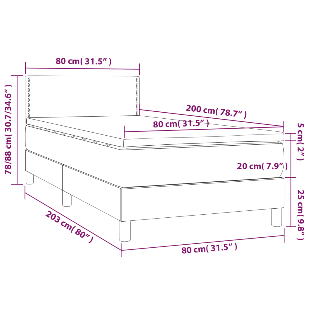 vidaXL Κρεβάτι Boxspring με Στρώμα & LED Αν.Γκρι 80x200 εκ. Υφασμάτινο