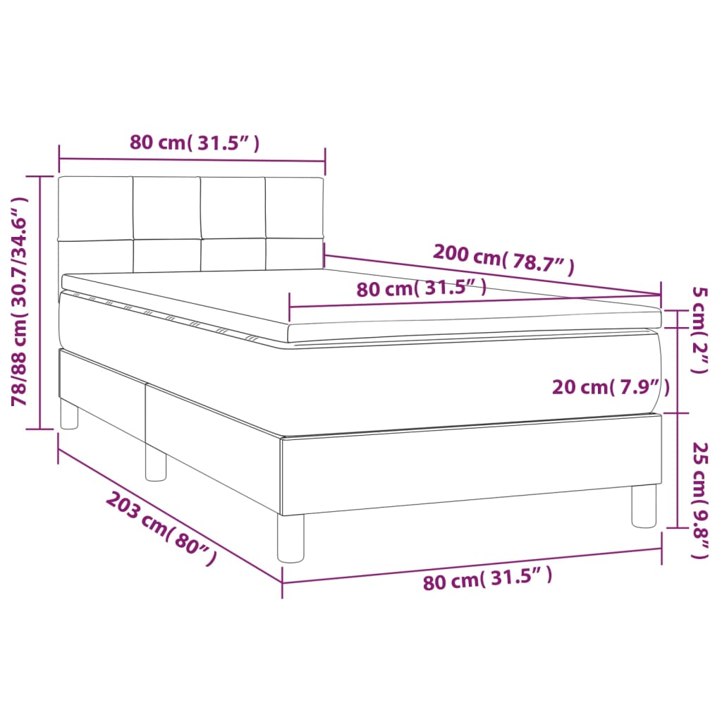 vidaXL Κρεβάτι Boxspring με Στρώμα & LED Taupe 80x200 εκ. Υφασμάτινο