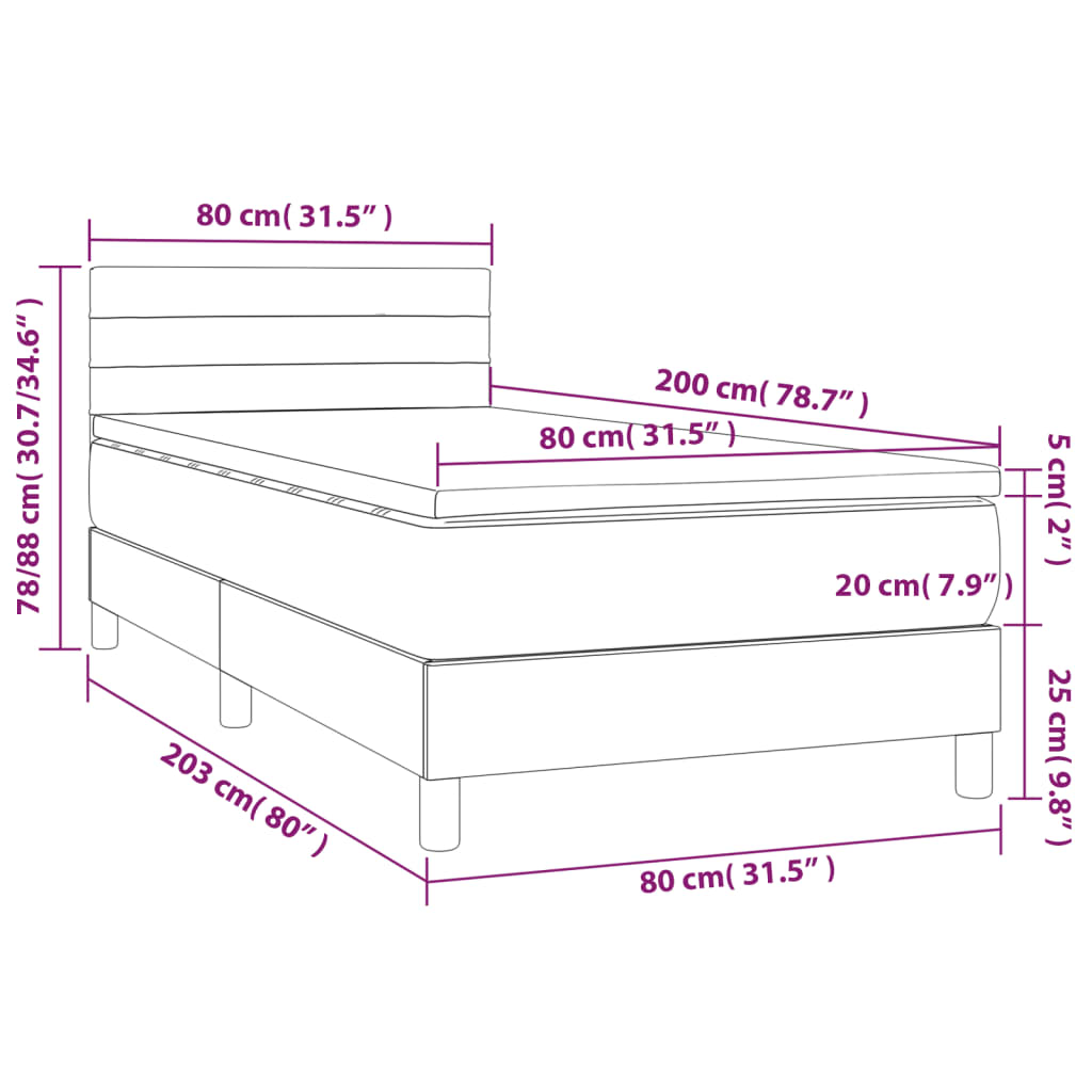 vidaXL Κρεβάτι Boxspring με Στρώμα & LED Taupe 80x200 εκ. Υφασμάτινο