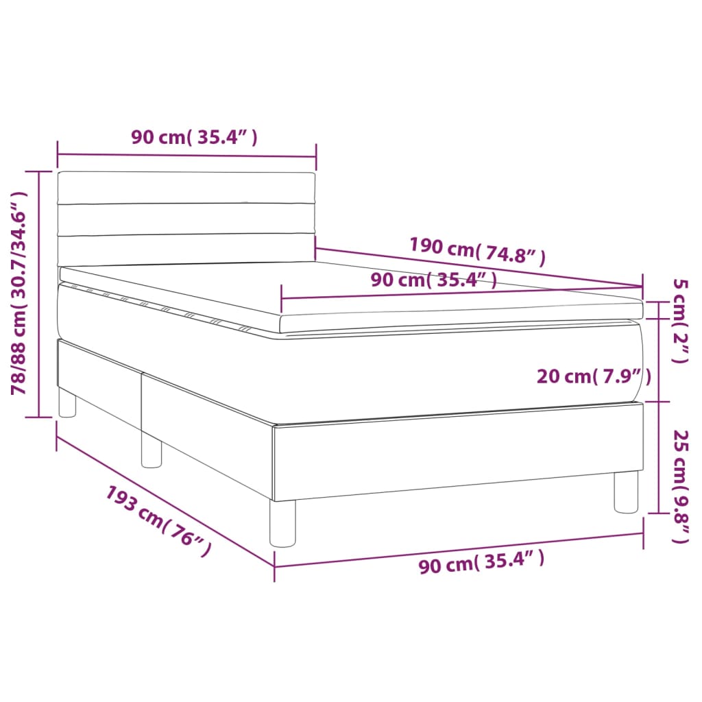 vidaXL Κρεβάτι Boxspring με Στρώμα & LED Σκ.Καφέ 90x190 εκ. Υφασμάτινο