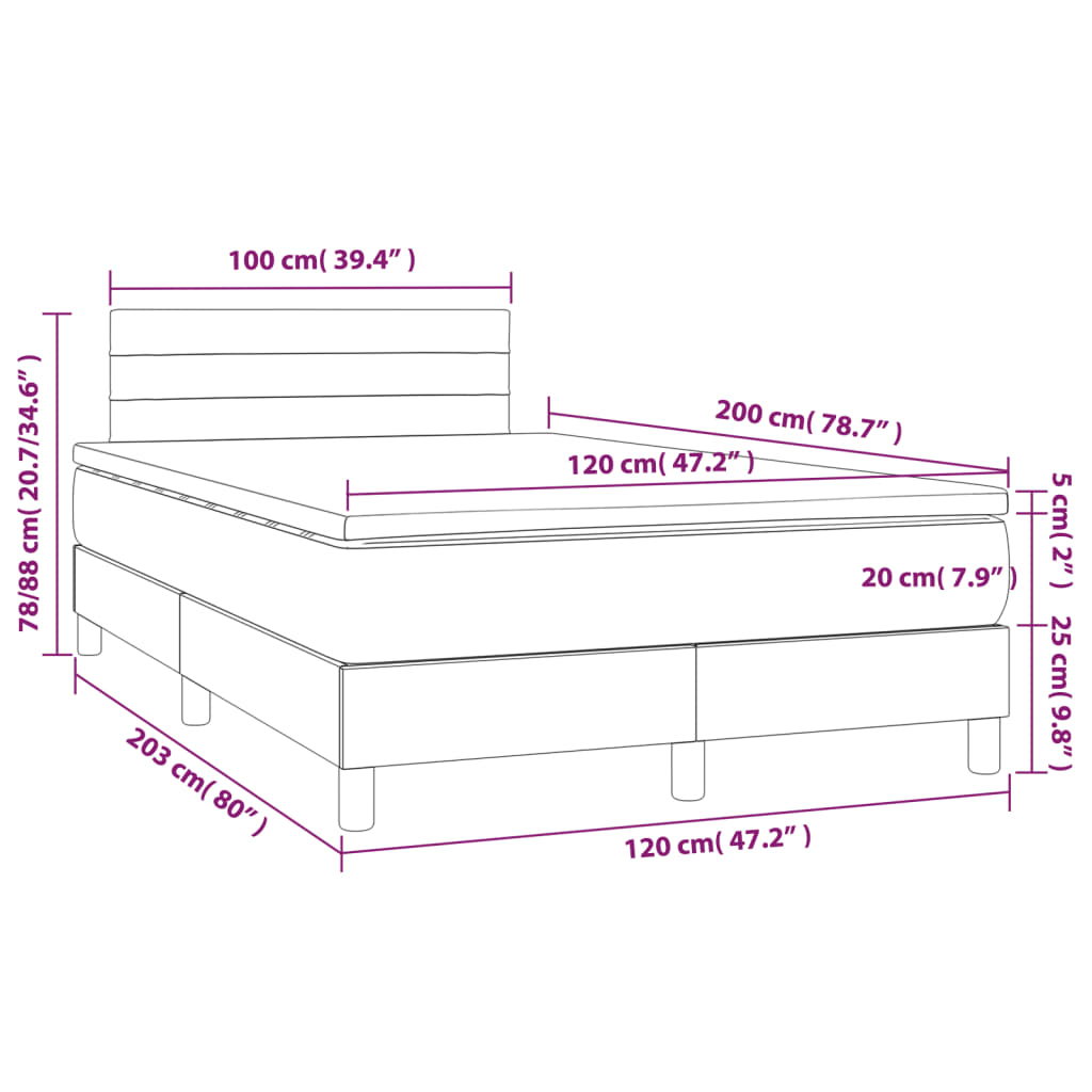 vidaXL Κρεβάτι Boxspring με Στρώμα & LED Σκ.Καφέ 120x200 εκ Υφασμάτινο