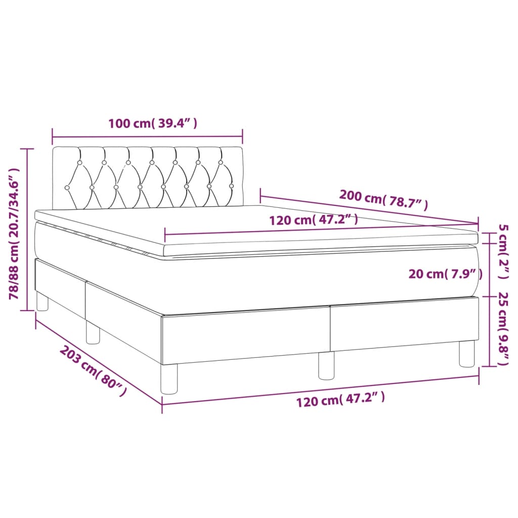 vidaXL Κρεβάτι Boxspring με Στρώμα & LED Σκ.Καφέ 120x200 εκ Υφασμάτινο