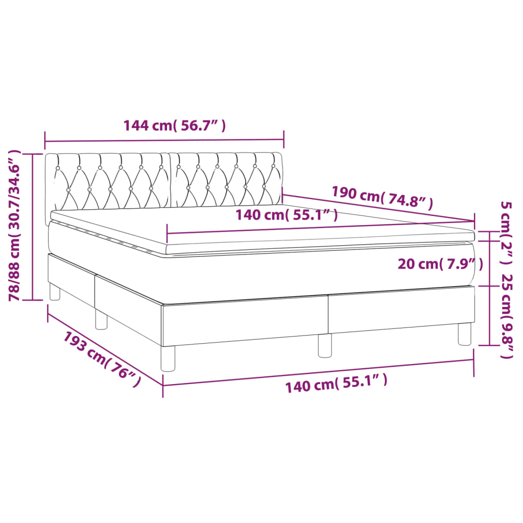 vidaXL Κρεβάτι Boxspring με Στρώμα & LED Taupe 140x190 εκ. Υφασμάτινο