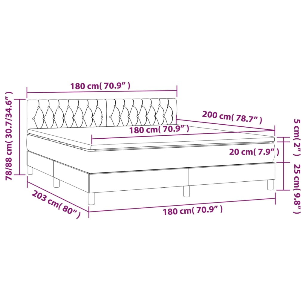 vidaXL Κρεβάτι Boxspring με Στρώμα & LED Σκ.Καφέ 180x200εκ. Υφασμάτινο