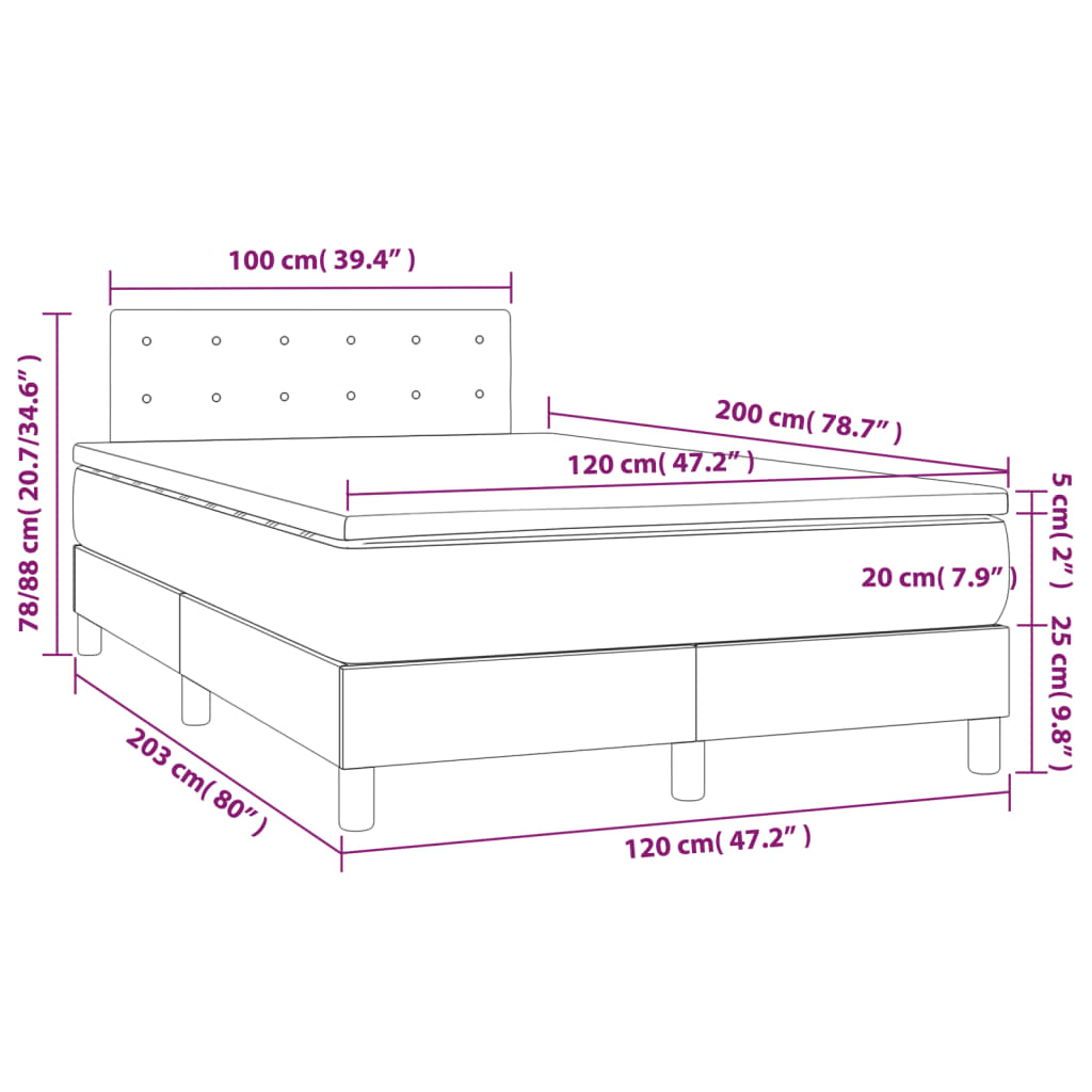 vidaXL Κρεβάτι Boxspring με Στρώμα & LED Σκ.Γκρι 120x200 εκ Υφασμάτινο