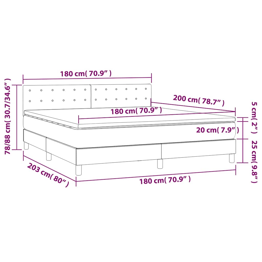 vidaXL Κρεβάτι Boxspring με Στρώμα & LED Σκ.Καφέ 180x200εκ. Υφασμάτινο
