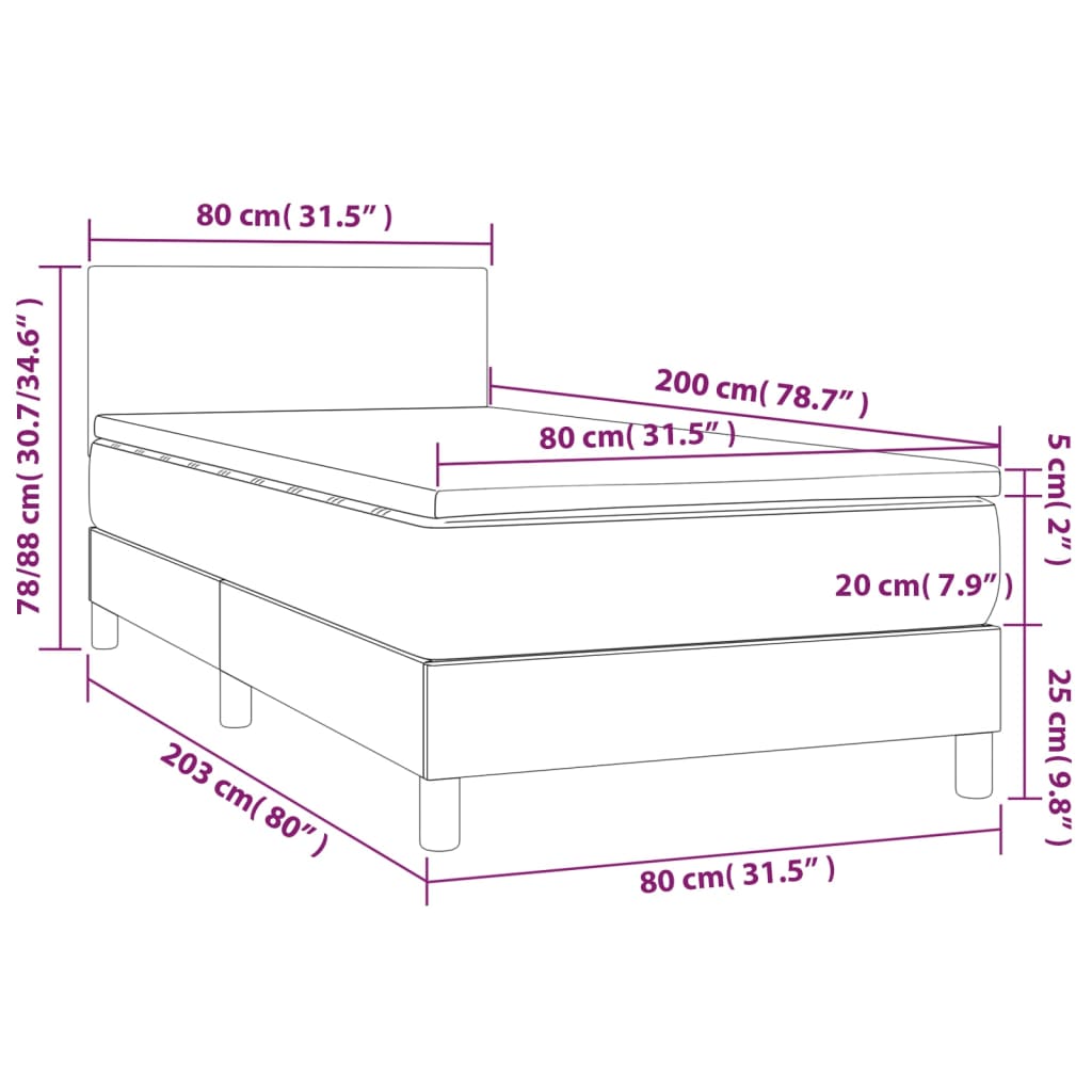vidaXL Κρεβάτι Boxspring με Στρώμα & LED Σκ.Καφέ 80x200 εκ. Υφασμάτινο
