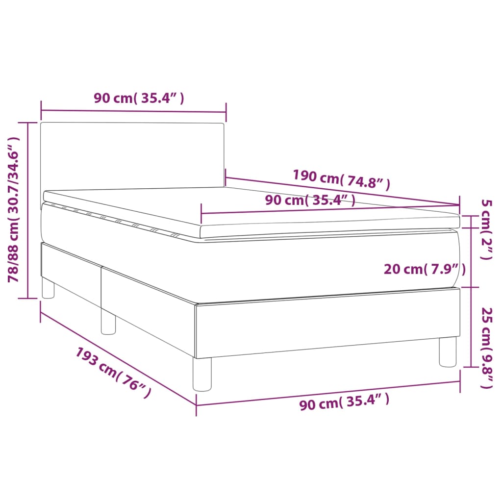 vidaXL Κρεβάτι Boxspring με Στρώμα & LED Αν.Γκρι 90x190 εκ. Υφασμάτινο