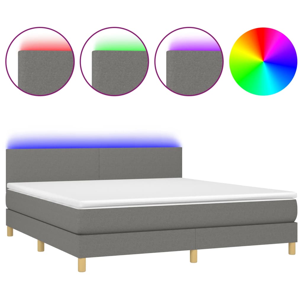 vidaXL Κρεβάτι Boxspring με Στρώμα & LED Σκ.Γκρι 180x200 εκ Υφασμάτινο