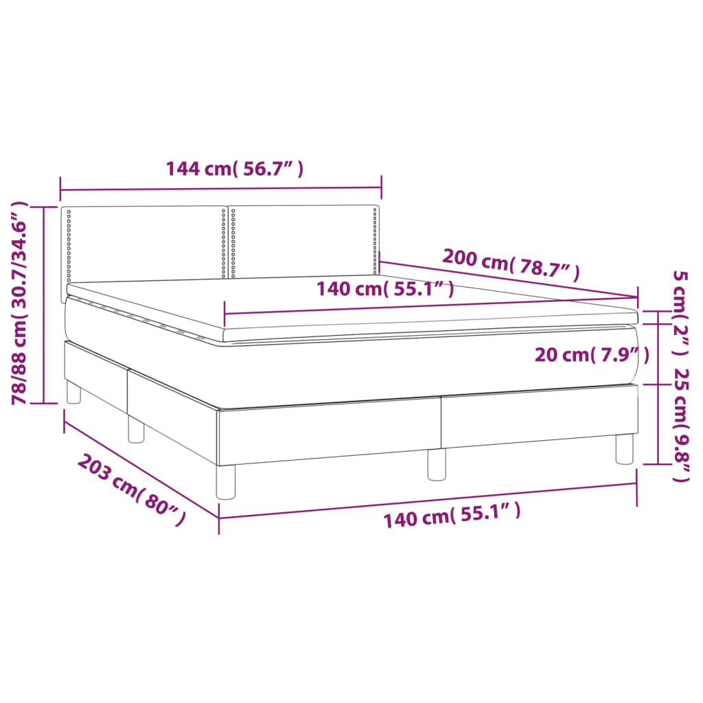 vidaXL Κρεβάτι Boxspring με Στρώμα & LED Σκ.Γκρι 140x200 εκ Υφασμάτινο