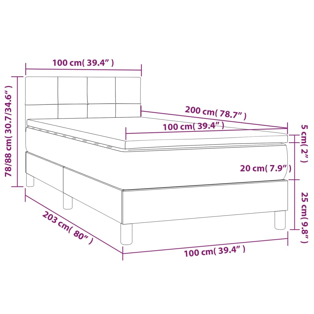 vidaXL Κρεβάτι Boxspring με Στρώμα & LED Taupe 100x200 εκ. Υφασμάτινο