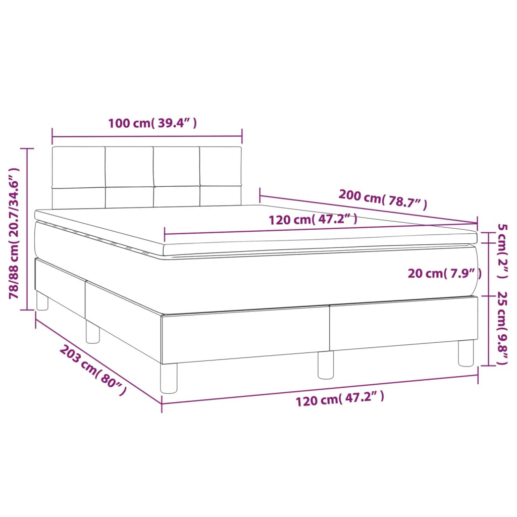 vidaXL Κρεβάτι Boxspring με Στρώμα & LED Αν.Γκρι 120x200 εκ Υφασμάτινο