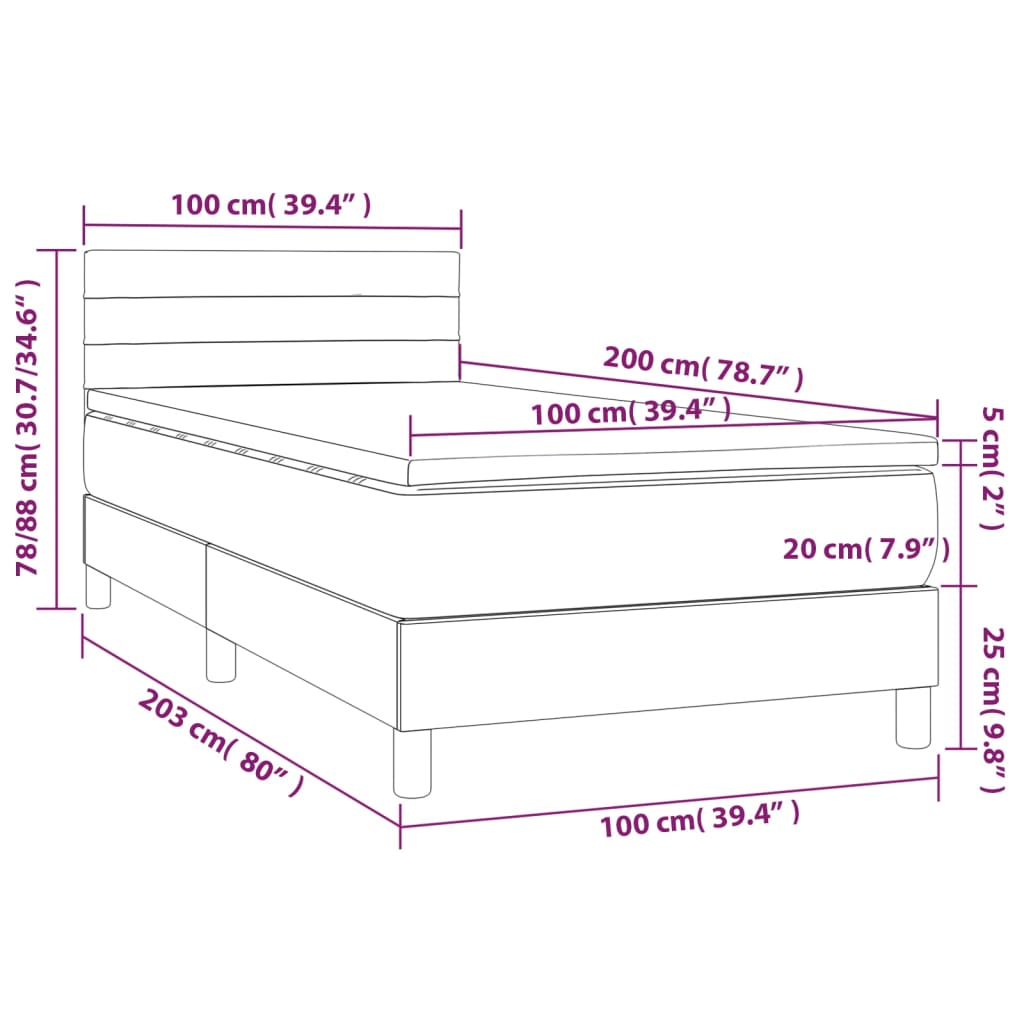 vidaXL Κρεβάτι Boxspring με Στρώμα & LED Taupe 100x200 εκ. Υφασμάτινο
