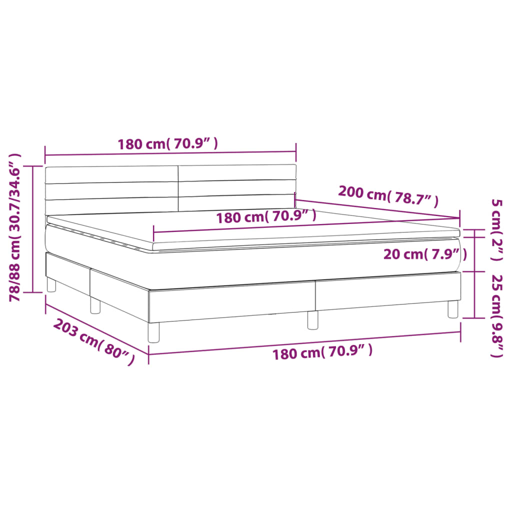 vidaXL Κρεβάτι Boxspring με Στρώμα & LED Σκ.Καφέ 180x200εκ. Υφασμάτινο