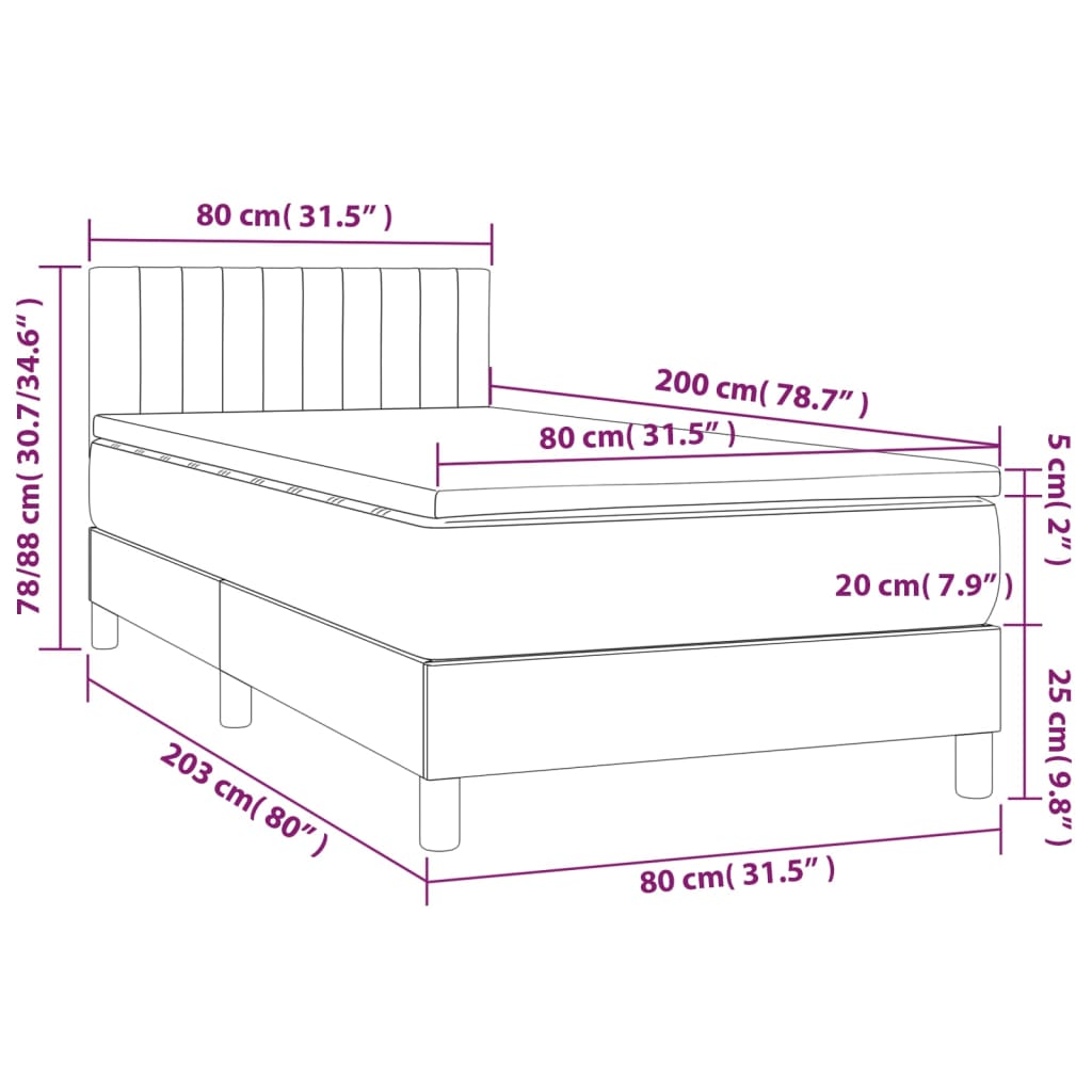vidaXL Κρεβάτι Boxspring με Στρώμα & LED Σκ.Γκρι 80x200 εκ. Υφασμάτινο