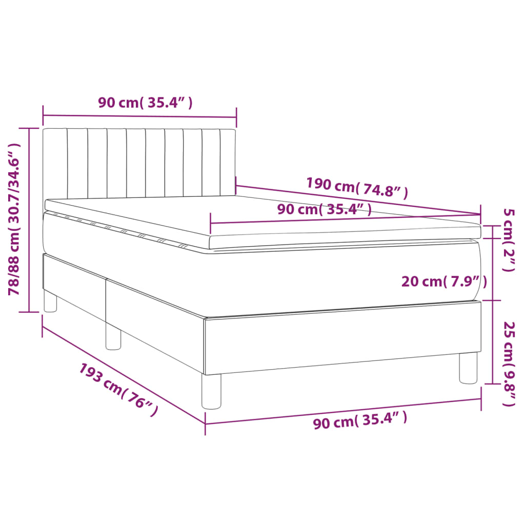 vidaXL Κρεβάτι Boxspring με Στρώμα & LED Taupe 90x190 εκ. Υφασμάτινο
