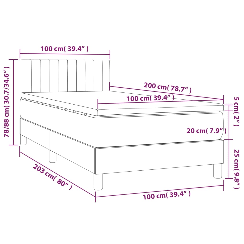 vidaXL Κρεβάτι Boxspring με Στρώμα & LED Κρεμ 100x200 εκ. Υφασμάτινο