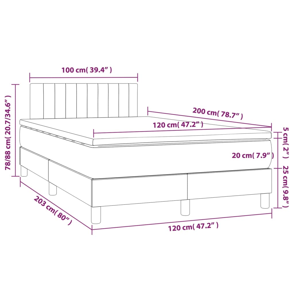vidaXL Κρεβάτι Boxspring με Στρώμα & LED Αν.Γκρι 120x200 εκ Υφασμάτινο