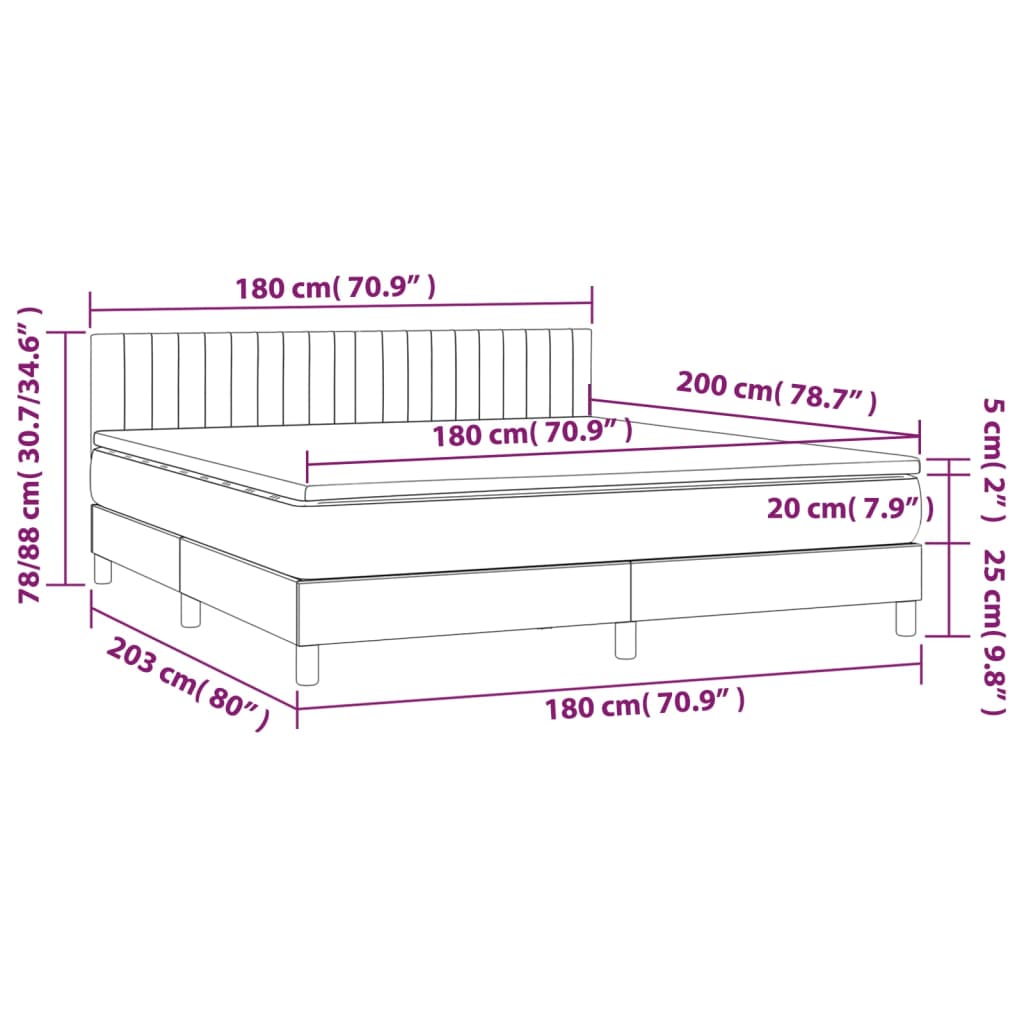 vidaXL Κρεβάτι Boxspring με Στρώμα & LED Σκ.Καφέ 180x200εκ. Υφασμάτινο