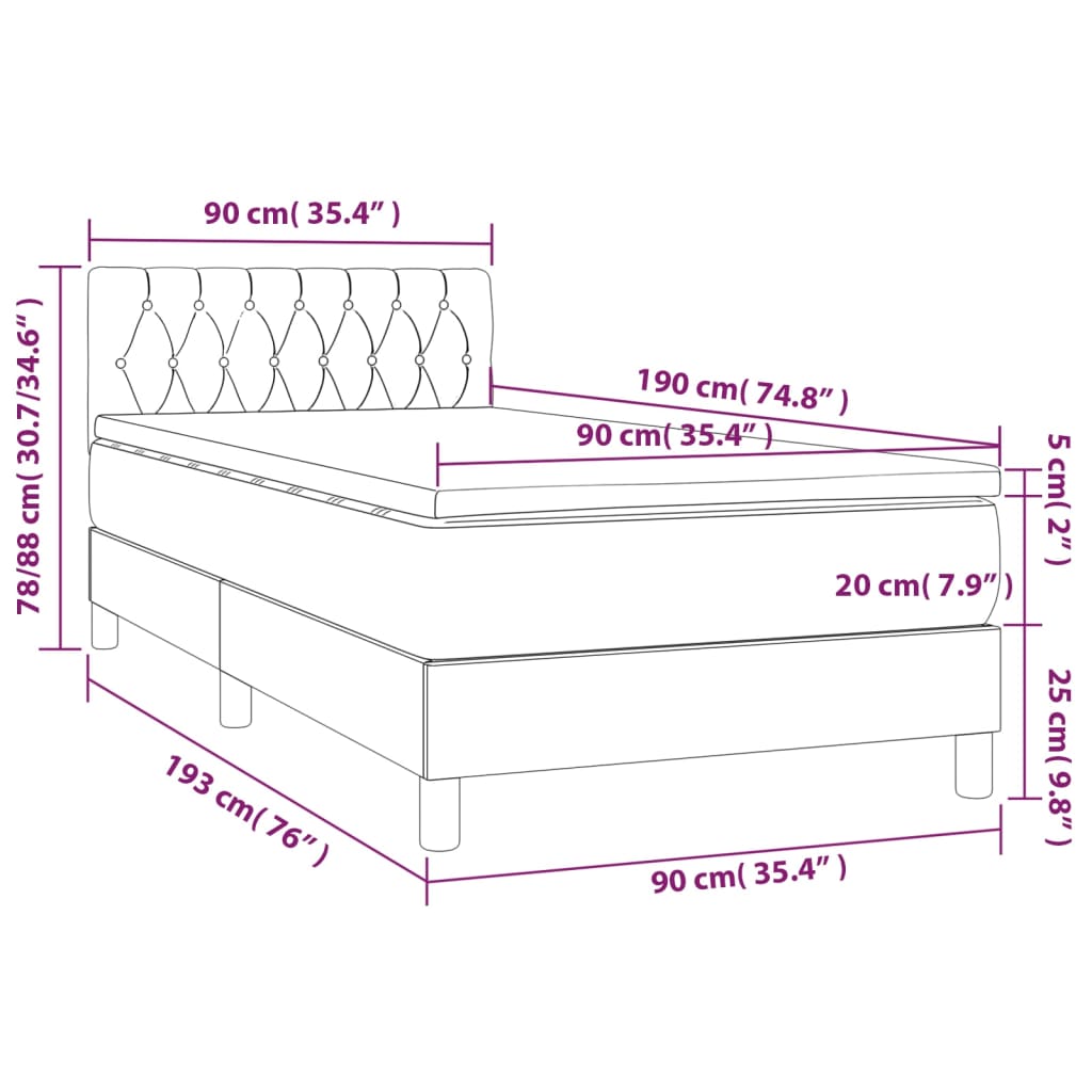 vidaXL Κρεβάτι Boxspring με Στρώμα & LED Αν.Γκρι 90x190 εκ. Υφασμάτινο