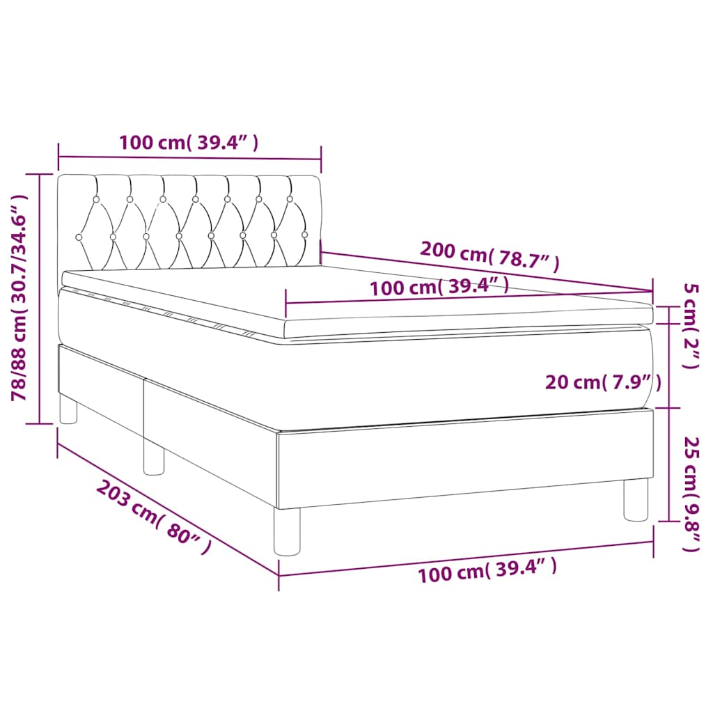 vidaXL Κρεβάτι Boxspring με Στρώμα & LED Taupe 100x200 εκ. Υφασμάτινο