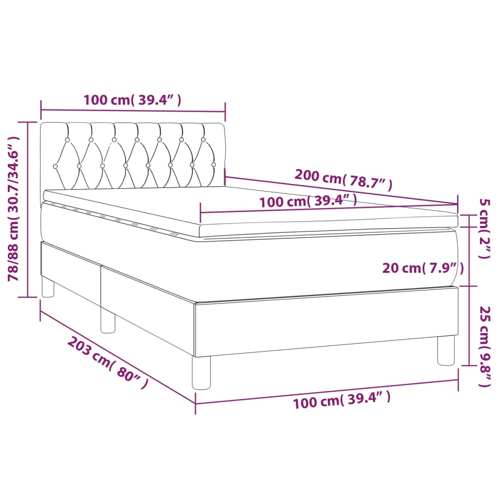 vidaXL Κρεβάτι Boxspring με Στρώμα & LED Κρεμ 100x200 εκ. Υφασμάτινο