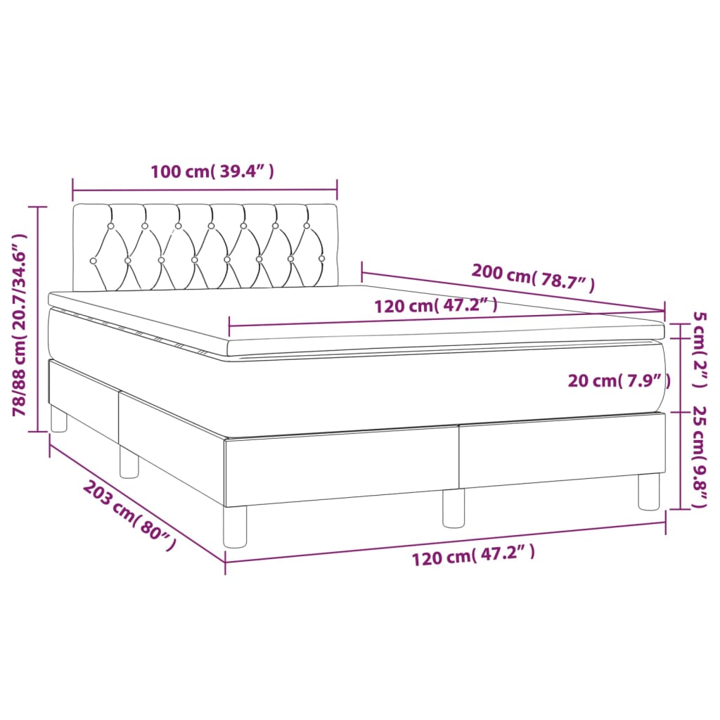 vidaXL Κρεβάτι Boxspring με Στρώμα & LED Σκ.Καφέ 120x200 εκ Υφασμάτινο