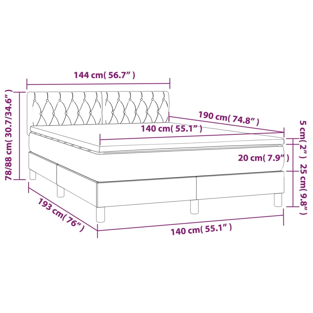 vidaXL Κρεβάτι Boxspring με Στρώμα & LED Σκ.Καφέ 140x190 εκ Υφασμάτινο