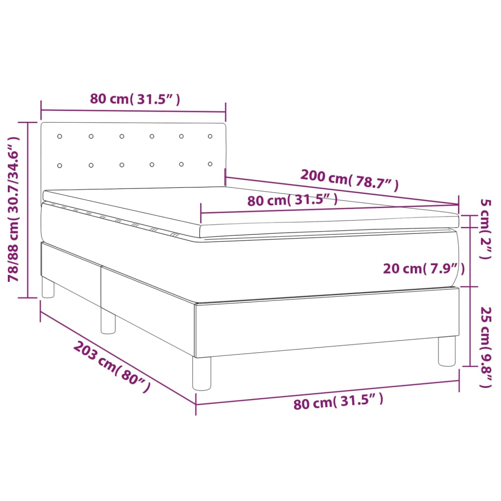 vidaXL Κρεβάτι Boxspring με Στρώμα & LED Κρεμ 80x200 εκ. Υφασμάτινο