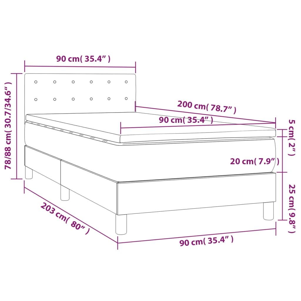 vidaXL Κρεβάτι Boxspring με Στρώμα & LED Γκρι 90x200 εκ. Συνθ. Δέρμα