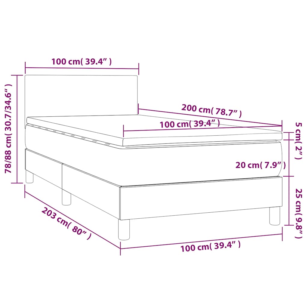 vidaXL Κρεβάτι Boxspring με Στρώμα & LED Σκ. Πράσινο 100x200εκ Βελούδο