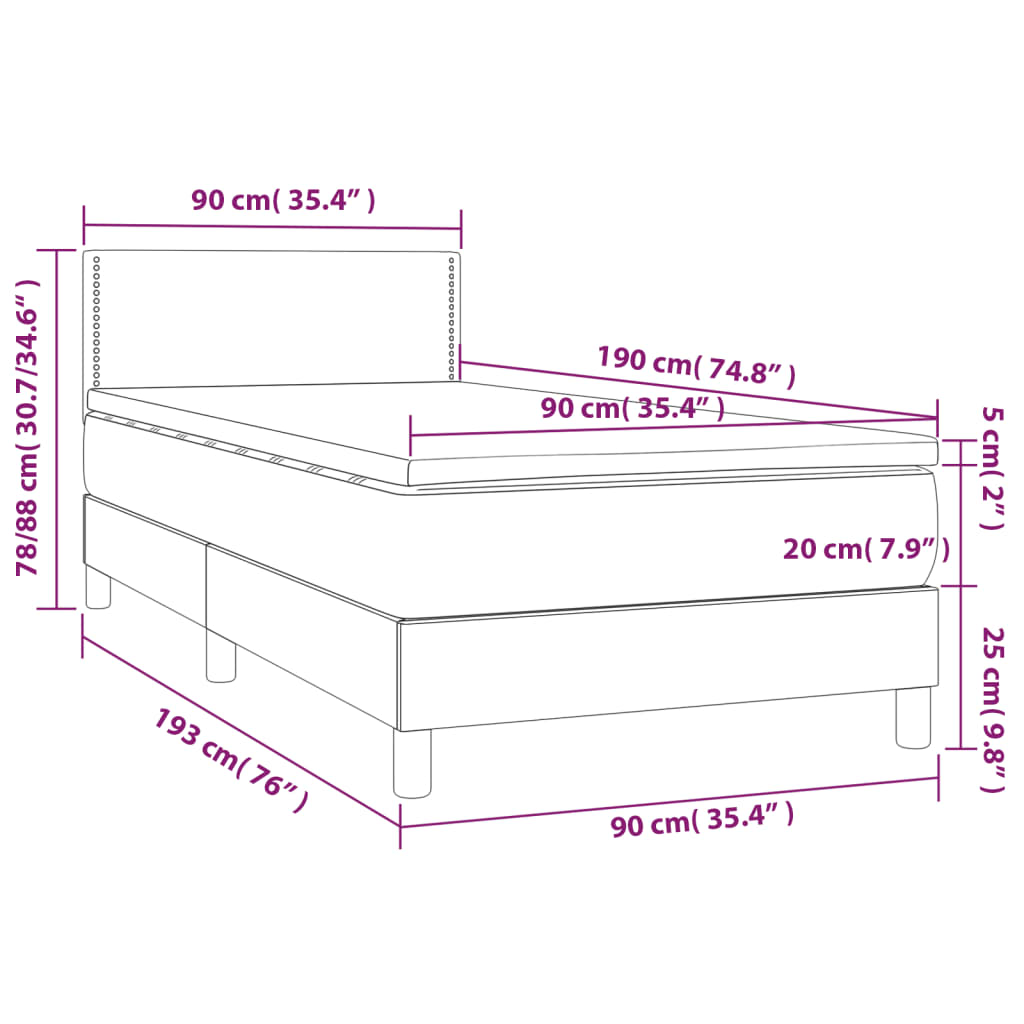 vidaXL Κρεβάτι Boxspring με Στρώμα & LED Μαύρο 90x190 εκ. Βελούδινο